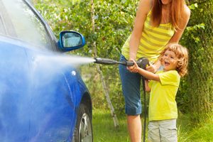 Mother and Son washing car